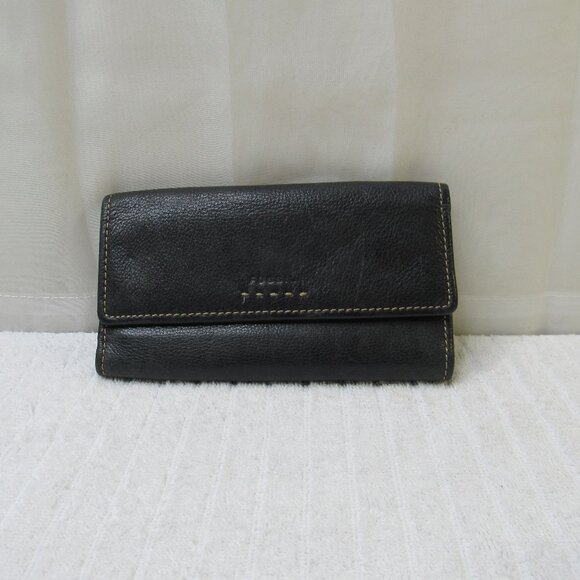 Fossil Leather Wallet Women Black Credit Card ID Slots Checkbook Holder Vintage - Picture 1 of 12